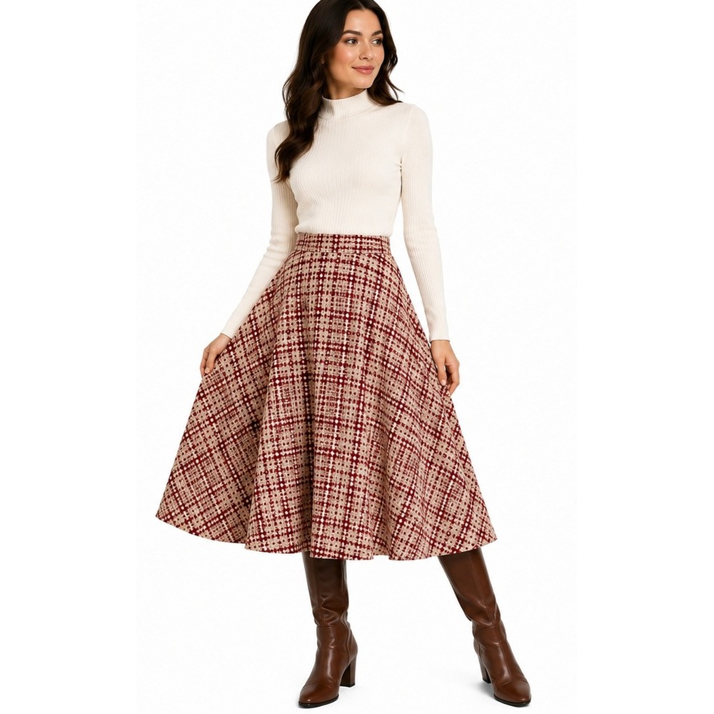 Vintage Brick Red Burgundy Cream Plaid Knit A-Line Midi Skirt